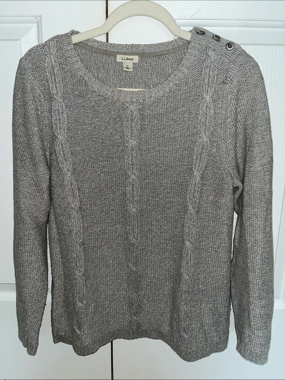 L.L. Bean Gray Cable-Knit Crewneck Sweater with Shoulder Buttons